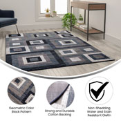 Gideon Collection Geometric 5' x 7' Blue, Grey, and White Olefin Area Rug with Cotton Backing, Living Room, Bedroom, OK-HCF-7146ATUR-57-BL-GG