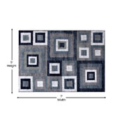 Gideon Collection Geometric 5' x 7' Blue, Grey, and White Olefin Area Rug with Cotton Backing, Living Room, Bedroom, OK-HCF-7146ATUR-57-BL-GG