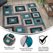 Gideon Collection Geometric 6' x 9' Turquoise, Grey, and White Olefin Area Rug with Cotton Backing, Living Room, Bedroom, OK-HCF-7146ATUR-69-TUR-GG