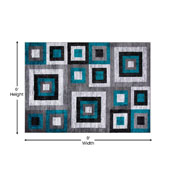 Gideon Collection Geometric 6' x 9' Turquoise, Grey, and White Olefin Area Rug with Cotton Backing, Living Room, Bedroom, OK-HCF-7146ATUR-69-TUR-GG
