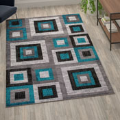 Gideon Collection Geometric 6' x 9' Turquoise, Grey, and White Olefin Area Rug with Cotton Backing, Living Room, Bedroom, OK-HCF-7146ATUR-69-TUR-GG