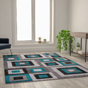 Gideon Collection Geometric 6' x 9' Turquoise, Grey, and White Olefin Area Rug with Cotton Backing, Living Room, Bedroom, OK-HCF-7146ATUR-69-TUR-GG