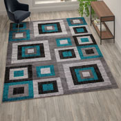 Gideon Collection Geometric 8' x 10' Turquoise, Grey, and White Olefin Area Rug with Cotton Backing, Living Room, Bedroom, OK-HCF-7146ATUR-810-TUR-GG