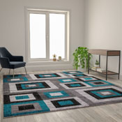 Gideon Collection Geometric 8' x 10' Turquoise, Grey, and White Olefin Area Rug with Cotton Backing, Living Room, Bedroom, OK-HCF-7146ATUR-810-TUR-GG