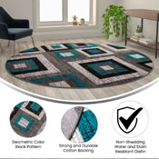 Gideon Collection Geometric 8' x 8' Turquoise, Grey, and White Round Olefin Area Rug with Cotton Backing, Living Room, Bedroom, OK-HCF-7146ATUR-8R-TUR-GG