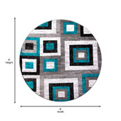 Gideon Collection Geometric 8' x 8' Turquoise, Grey, and White Round Olefin Area Rug with Cotton Backing, Living Room, Bedroom, OK-HCF-7146ATUR-8R-TUR-GG