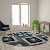 Gideon Collection Geometric 8' x 8' Turquoise, Grey, and White Round Olefin Area Rug with Cotton Backing, Living Room, Bedroom, OK-HCF-7146ATUR-8R-TUR-GG