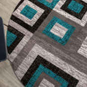 Gideon Collection Geometric 8' x 8' Turquoise, Grey, and White Round Olefin Area Rug with Cotton Backing, Living Room, Bedroom, OK-HCF-7146ATUR-8R-TUR-GG