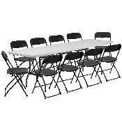 8' Bi-Fold Granite White Plastic Event/Training Folding Table Set with 10 Folding Chairs, RB-3096F-10-LEL3-BK-GG