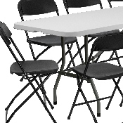 8' Bi-Fold Granite White Plastic Event/Training Folding Table Set with 10 Folding Chairs, RB-3096F-10-LEL3-BK-GG