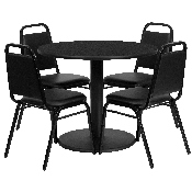36'' Round Black Laminate Table Set with Round Base and 4 Black Trapezoidal Back Banquet Chairs, RSRB1001-GG