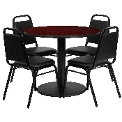 36'' Round Mahogany Laminate Table Set with Round Base and 4 Black Trapezoidal Back Banquet Chairs, RSRB1002-GG