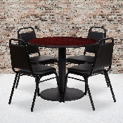 36'' Round Mahogany Laminate Table Set with Round Base and 4 Black Trapezoidal Back Banquet Chairs, RSRB1002-GG