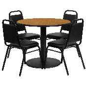 36'' Round Natural Laminate Table Set with Round Base and 4 Black Trapezoidal Back Banquet Chairs, RSRB1003-GG