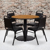 36'' Round Natural Laminate Table Set with Round Base and 4 Black Trapezoidal Back Banquet Chairs, RSRB1003-GG