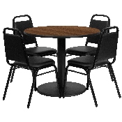 36'' Round Walnut Laminate Table Set with Round Base and 4 Black Trapezoidal Back Banquet Chairs, RSRB1004-GG