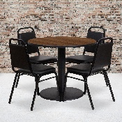 36'' Round Walnut Laminate Table Set with Round Base and 4 Black Trapezoidal Back Banquet Chairs, RSRB1004-GG
