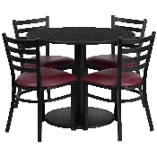 36'' Round Black Laminate Table Set with Round Base and 4 Ladder Back Metal Chairs - Burgundy Vinyl Seat, RSRB1005-GG