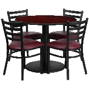 36'' Round Mahogany Laminate Table Set with Round Base and 4 Ladder Back Metal Chairs - Burgundy Vinyl Seat, RSRB1006-GG