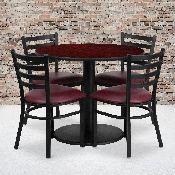 36'' Round Mahogany Laminate Table Set with Round Base and 4 Ladder Back Metal Chairs - Burgundy Vinyl Seat, RSRB1006-GG
