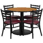 36'' Round Natural Laminate Table Set with Round Base and 4 Ladder Back Metal Chairs - Burgundy Vinyl Seat, RSRB1007-GG