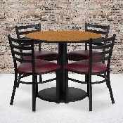 36'' Round Natural Laminate Table Set with Round Base and 4 Ladder Back Metal Chairs - Burgundy Vinyl Seat, RSRB1007-GG