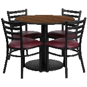 36'' Round Walnut Laminate Table Set with Round Base and 4 Ladder Back Metal Chairs - Burgundy Vinyl Seat, RSRB1008-GG