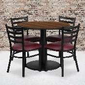 36'' Round Walnut Laminate Table Set with Round Base and 4 Ladder Back Metal Chairs - Burgundy Vinyl Seat, RSRB1008-GG