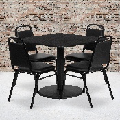 36'' Square Black Laminate Table Set with Round Base and 4 Black Trapezoidal Back Banquet Chairs, RSRB1009-GG