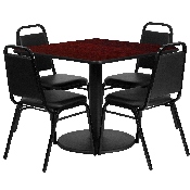 36'' Square Mahogany Laminate Table Set with Round Base and 4 Black Trapezoidal Back Banquet Chairs, RSRB1010-GG