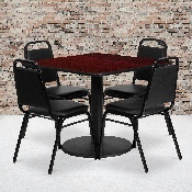 36'' Square Mahogany Laminate Table Set with Round Base and 4 Black Trapezoidal Back Banquet Chairs, RSRB1010-GG
