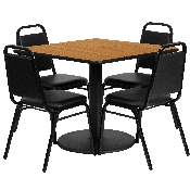 36'' Square Natural Laminate Table Set with Round Base and 4 Black Trapezoidal Back Banquet Chairs, RSRB1011-GG