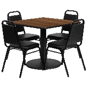 36'' Square Walnut Laminate Table Set with Round Base and 4 Black Trapezoidal Back Banquet Chairs, RSRB1012-GG