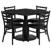 36'' Square Black Laminate Table Set with Round Base and 4 Ladder Back Metal Chairs - Black Vinyl Seat, RSRB1013-GG