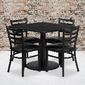 36'' Square Black Laminate Table Set with Round Base and 4 Ladder Back Metal Chairs - Black Vinyl Seat, RSRB1013-GG