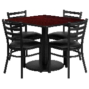 36'' Square Mahogany Laminate Table Set with Round Base and 4 Ladder Back Metal Chairs - Black Vinyl Seat, RSRB1014-GG