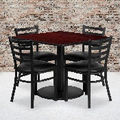 36'' Square Mahogany Laminate Table Set with Round Base and 4 Ladder Back Metal Chairs - Black Vinyl Seat, RSRB1014-GG