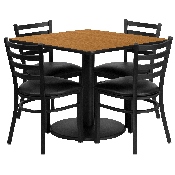 36'' Square Natural Laminate Table Set with Round Base and 4 Ladder Back Metal Chairs - Black Vinyl Seat, RSRB1015-GG