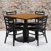 36'' Square Natural Laminate Table Set with Round Base and 4 Ladder Back Metal Chairs - Black Vinyl Seat, RSRB1015-GG