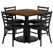 36'' Square Walnut Laminate Table Set with Round Base and 4 Ladder Back Metal Chairs - Black Vinyl Seat, RSRB1016-GG