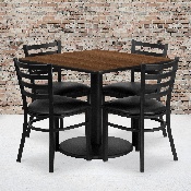 36'' Square Walnut Laminate Table Set with Round Base and 4 Ladder Back Metal Chairs - Black Vinyl Seat, RSRB1016-GG
