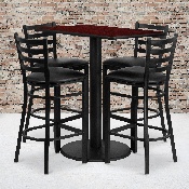 24'' x 42'' Rectangular Mahogany Laminate Table Set with 4 Ladder Back Metal Barstools - Black Vinyl Seat, RSRB1018-GG