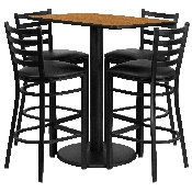 24'' x 42'' Rectangular Natural Laminate Table Set with 4 Ladder Back Metal Barstools - Black Vinyl Seat, RSRB1019-GG