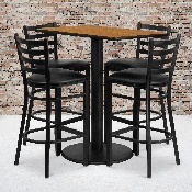 24'' x 42'' Rectangular Natural Laminate Table Set with 4 Ladder Back Metal Barstools - Black Vinyl Seat, RSRB1019-GG