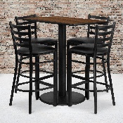 24'' x 42'' Rectangular Walnut Laminate Table Set with 4 Ladder Back Metal Barstools - Black Vinyl Seat, RSRB1020-GG