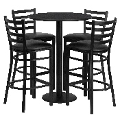 30'' Round Black Laminate Table Set with Round Base and 4 Ladder Back Metal Barstools - Black Vinyl Seat, RSRB1021-GG