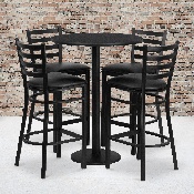 30'' Round Black Laminate Table Set with Round Base and 4 Ladder Back Metal Barstools - Black Vinyl Seat, RSRB1021-GG