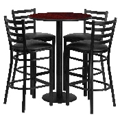 30'' Round Mahogany Laminate Table Set with Round Base and 4 Ladder Back Metal Barstools - Black Vinyl Seat, RSRB1022-GG