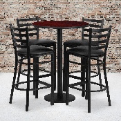 30'' Round Mahogany Laminate Table Set with Round Base and 4 Ladder Back Metal Barstools - Black Vinyl Seat, RSRB1022-GG