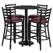 30'' Round Black Laminate Table Set with Round Base and 4 Ladder Back Metal Barstools - Burgundy Vinyl Seat, RSRB1025-GG